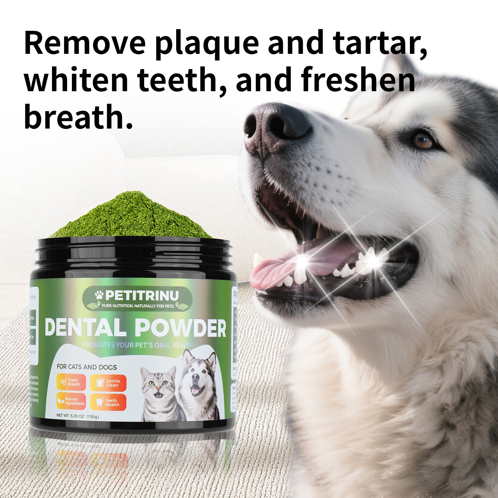 PETITRINU Natural Dental Powder For Cats And Dogs, Fresh Breath Gentle Clean Teeth Health Pet Oral Care Powder 150g